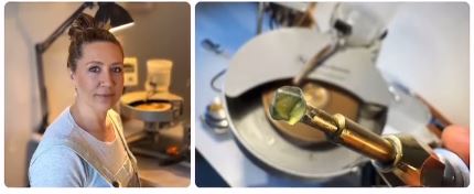 Alana Marcus at her bench and a sapphire on the cutting wheel
